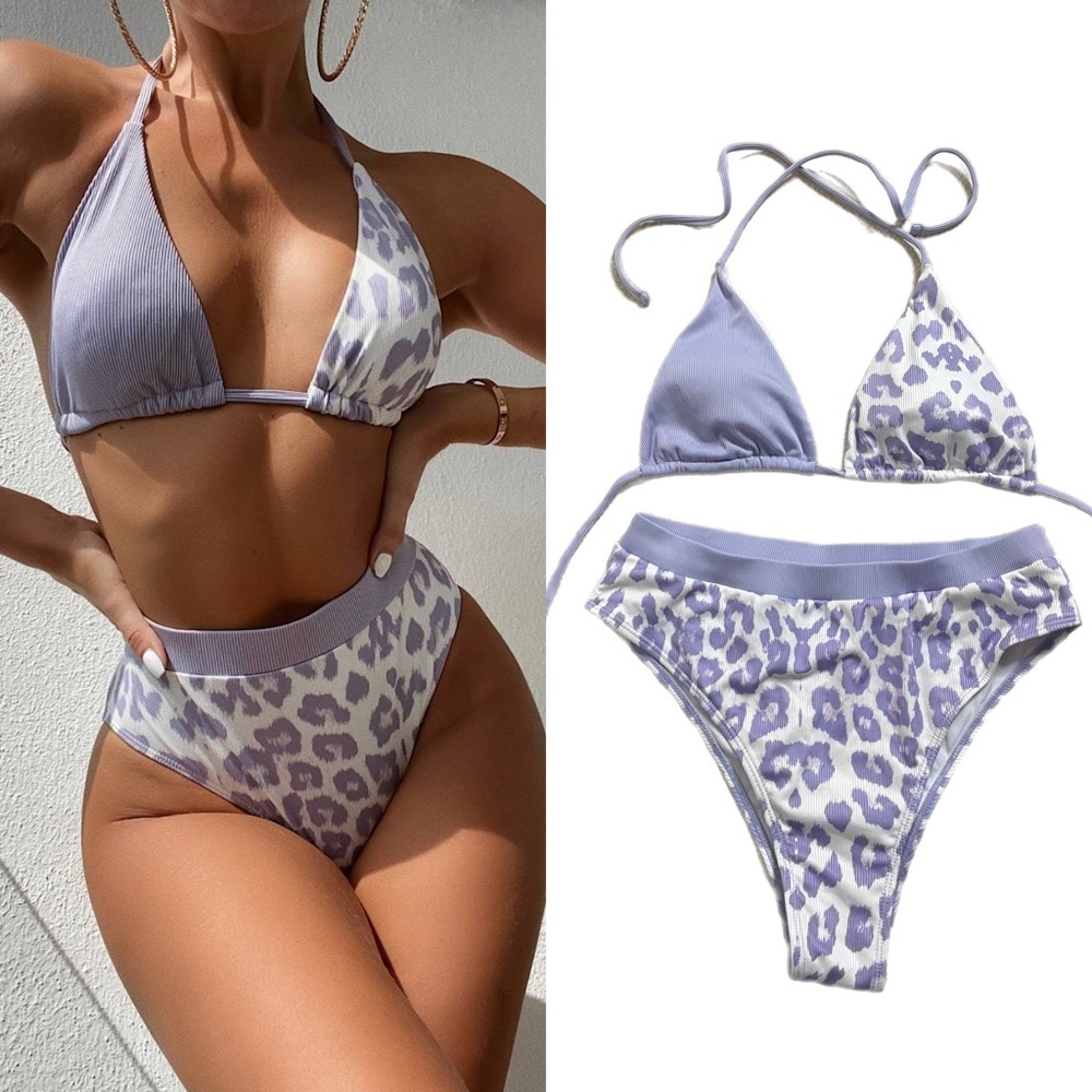 SHEIN Pastel Lilac Animal Print Ribbed Top & High Waisted Bottom Bikini L